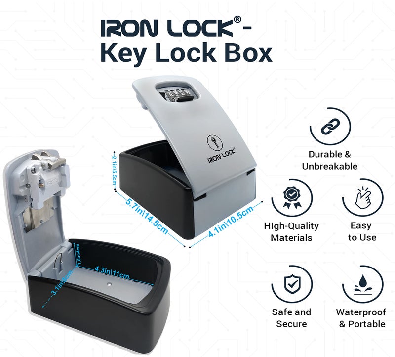 Iron Lock صندوق قفل المفاتيح Iron LockÂ® XXL للتثبيت على الحائط - صندوق مفاتيح خارجي مقاوم للماء مع هيكل معدني قوي و 4 أرقام - صندوق قفل للمفاتيح خارج المنزل، للإيجارات ووكلاء العقارات (رمادي، XXL) - Image 5